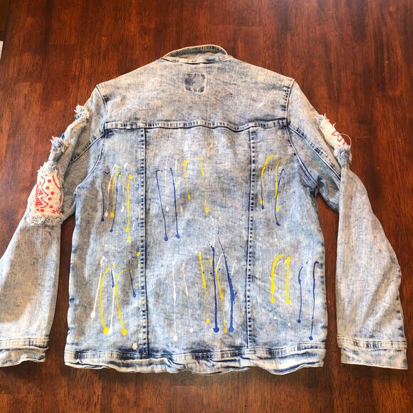 Distressed Patched Painted Acid Wash Stretch Denim Jacket Mens Small Blue Seven - Picture 2 of 4